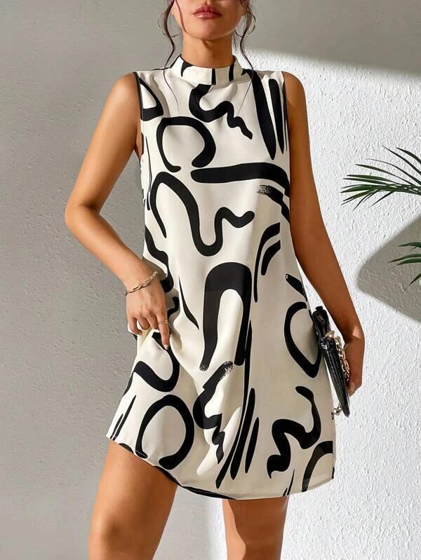 Organic Print Stand Collar Dress, Spring and Autumn Collection