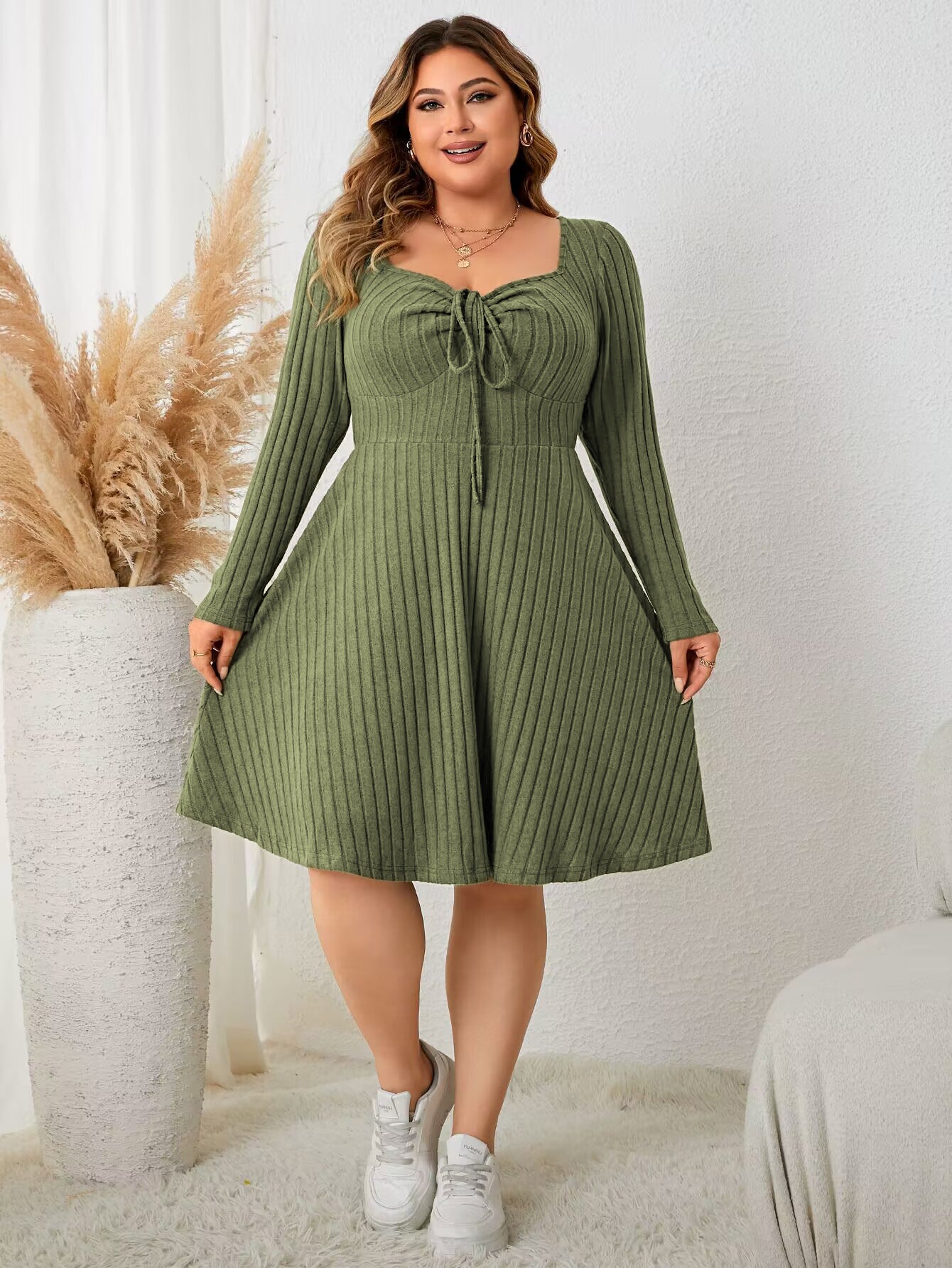 Vireous Plus Size Square Collar Dress