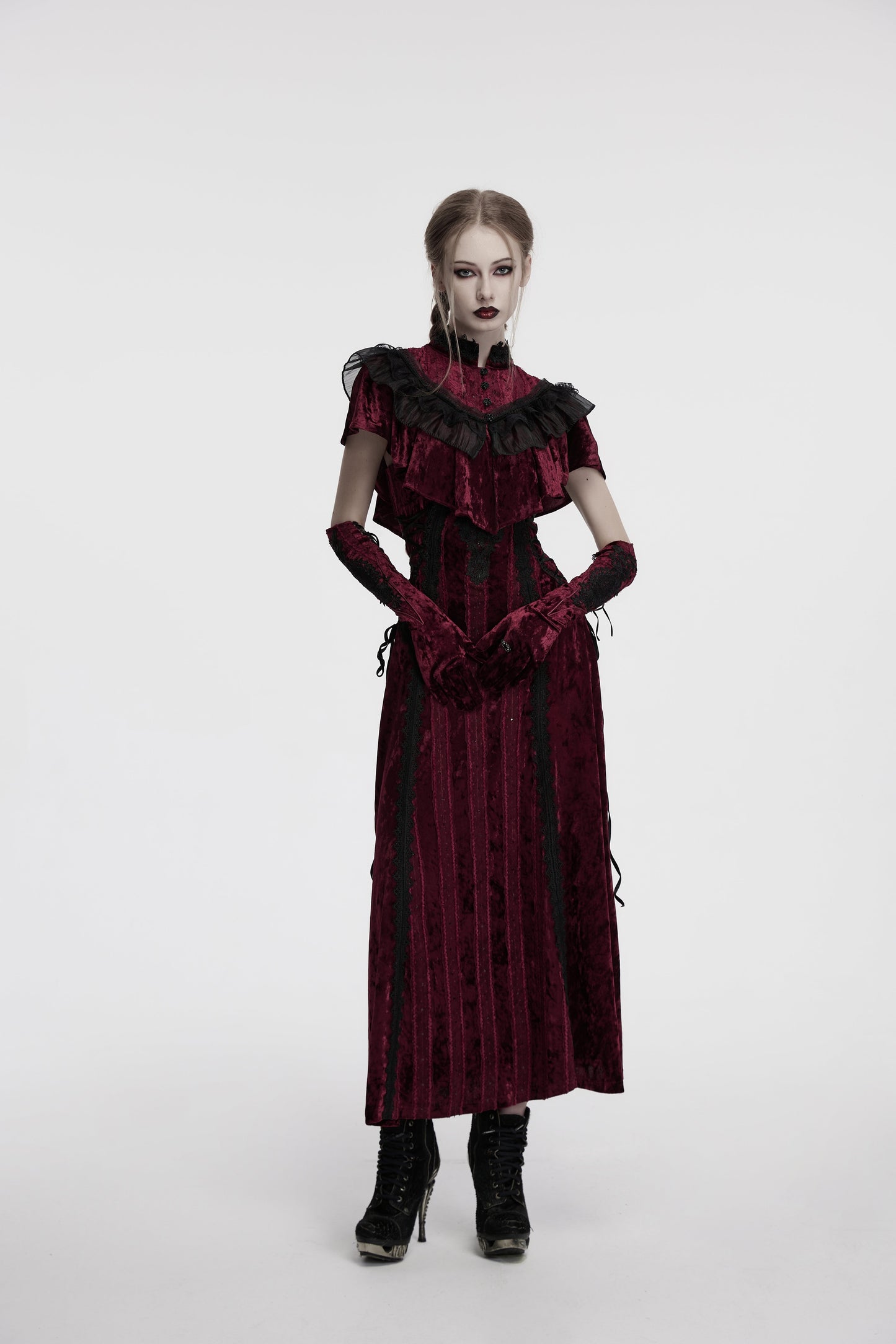 Punk Rave Vivienne Velvet Lace-Panel Goth Slip Dress In Burgundy