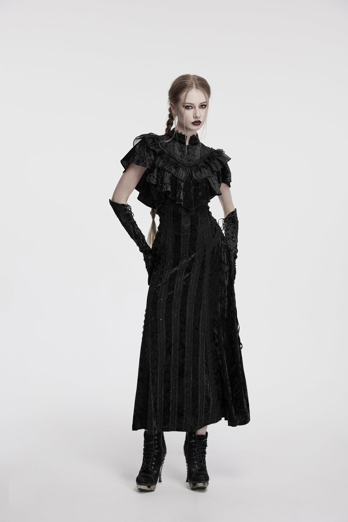 Punk Rave Morrigan Embroidered Velvet Goth Slip Dress in Black