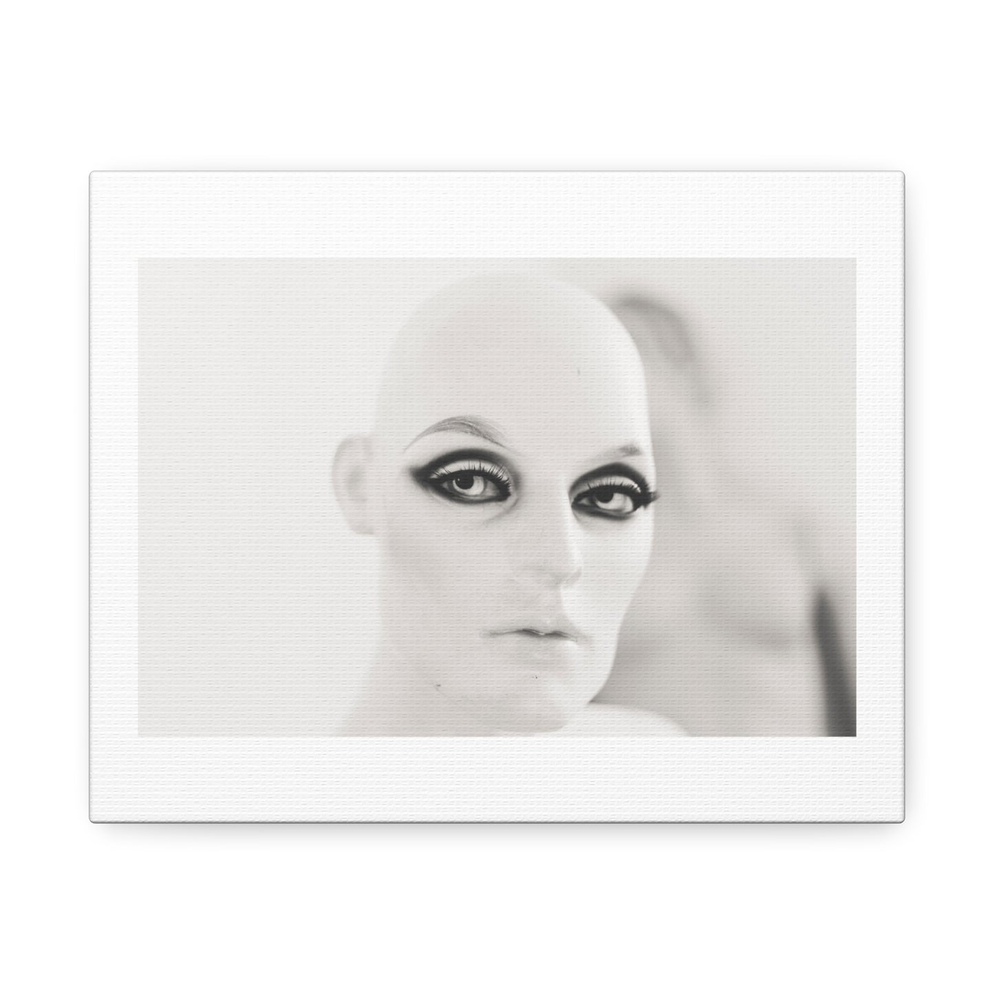 Mannequin Head with Eye Makeup Black & White Photography Print on Satin Canvas, Stretched