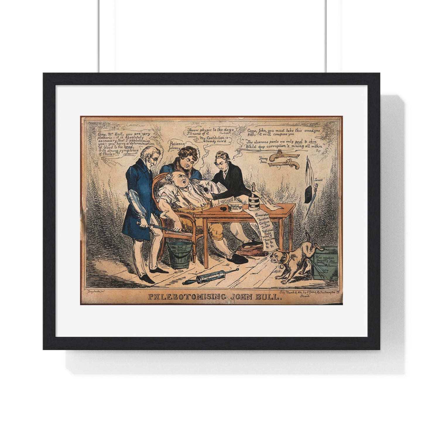 John Bull About to be Bled by Three Doctors, Representing Britain's Budget Manipulated by the Cabinet (1830) by John Phillips, from the Original, Framed Print