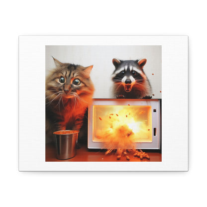 Cat and Raccoon Are Wide Eyed After Putting Exploding Beans in the Microwave 'Designed by AI' Art Print on Canvas