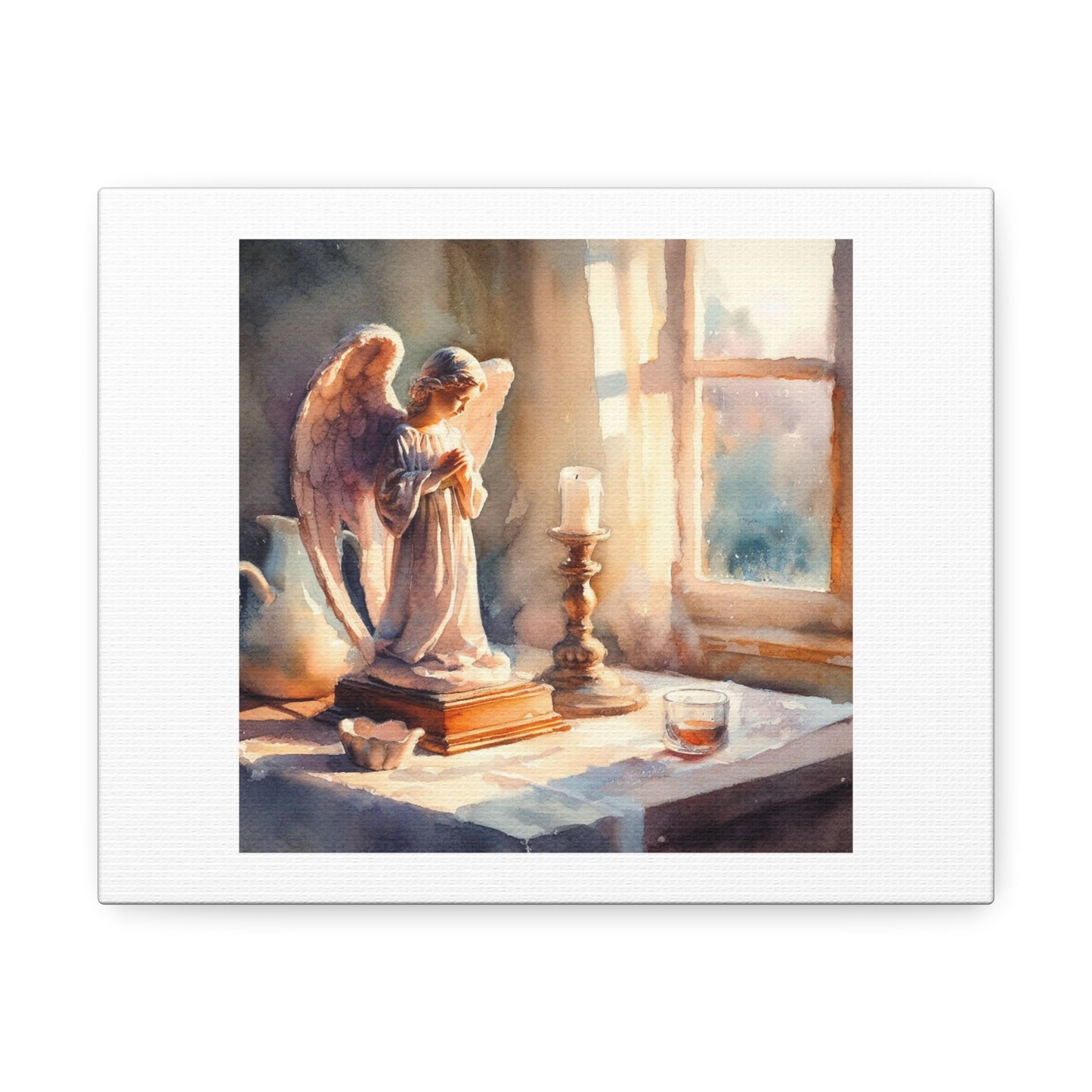 Still Life Watercolour of an Angel Figurine on a Table, Window Background, Soft Afternoon Light 'Designed by AI' Art Print on Canvas