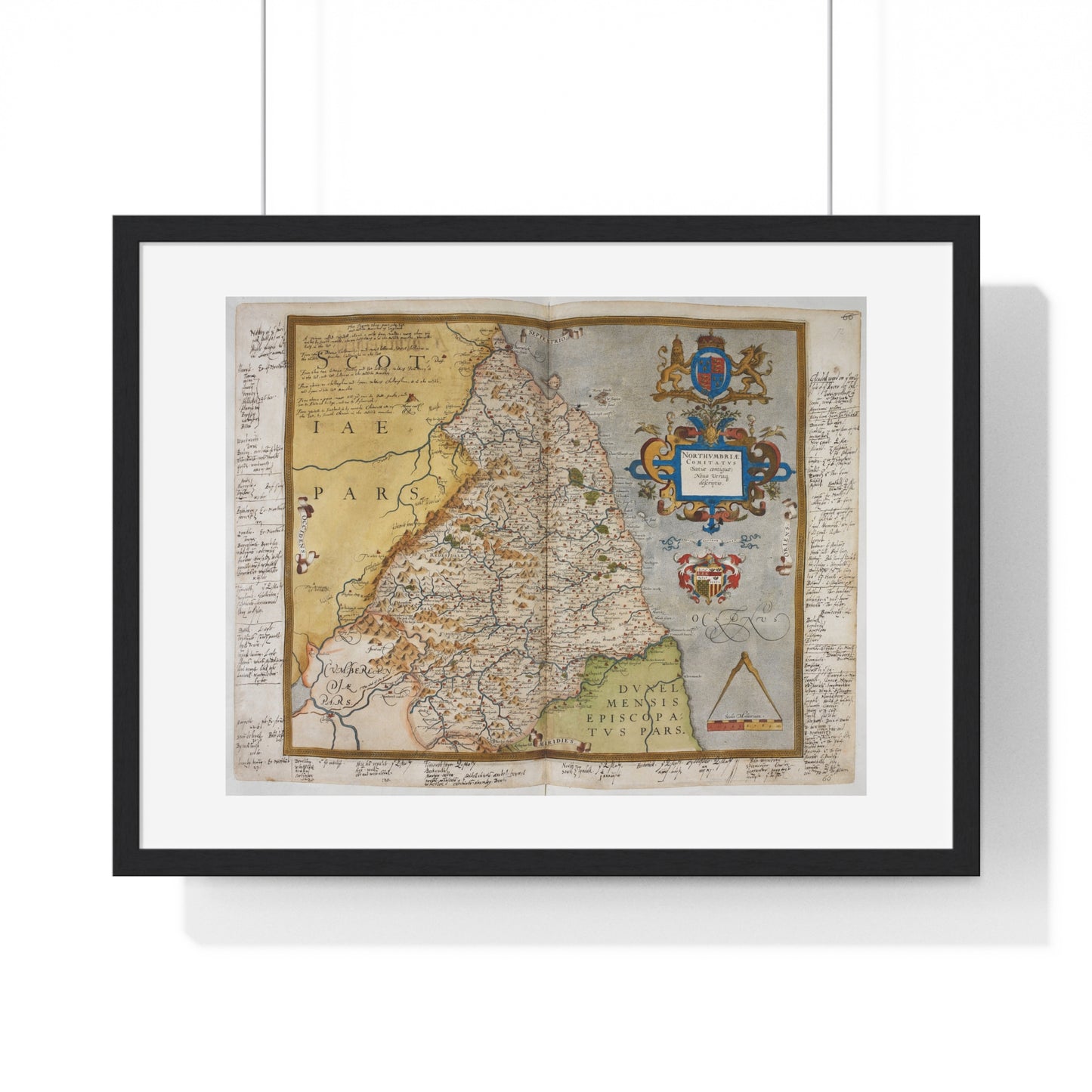 Tudor Antique Map of Northumberland from Lord Burghley's Atlas (1579) from the Original, Framed Print