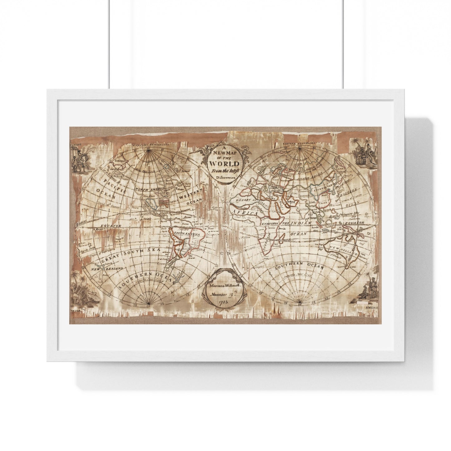 Embroidered World Map Sampler (1783) by Mariana Willmott, from the Original, Framed Art Print