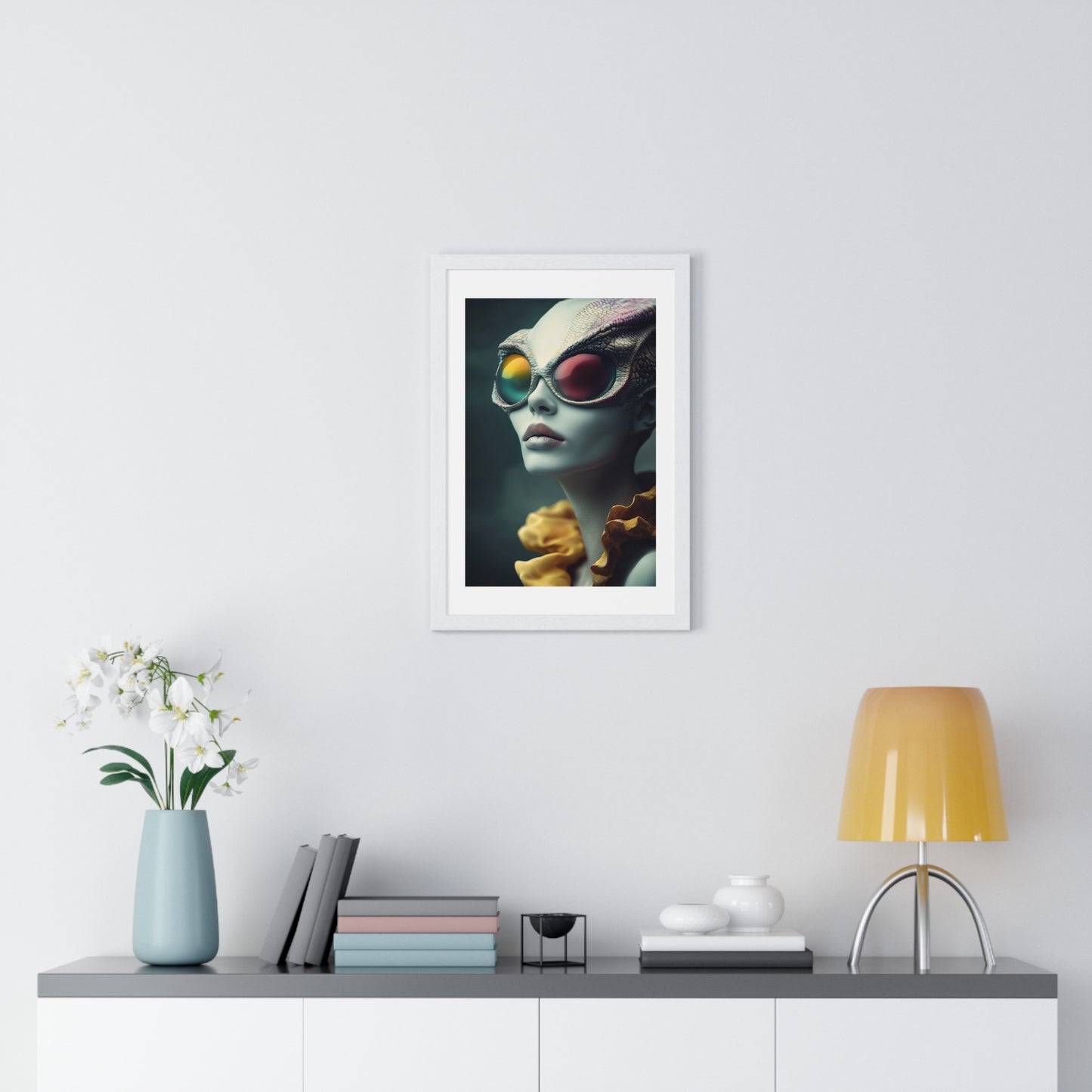 Blue Reptilian Alien, Magazine Poster Art 'Designed by AI' Framed Print