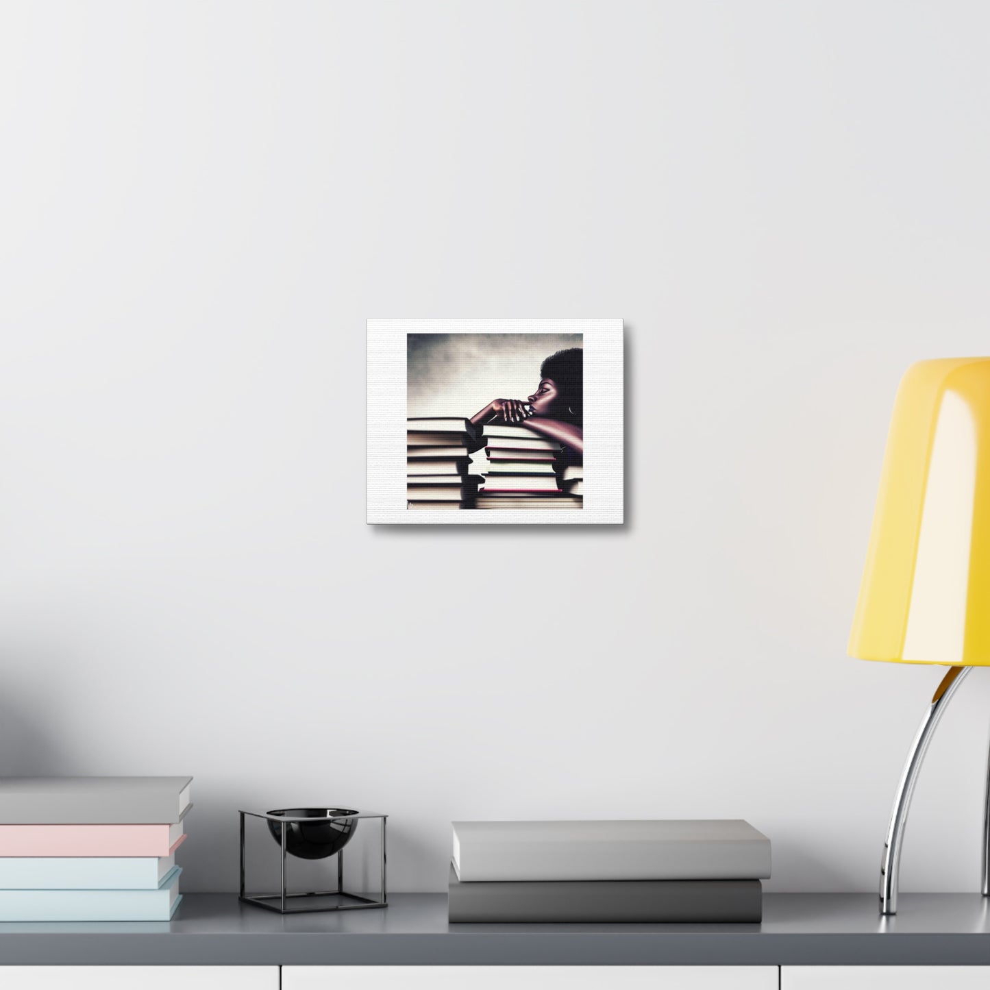 Black Woman Thinking, Leaning On a Pile of Books Photorealism 'Designed by AI' Art Print on Canvas