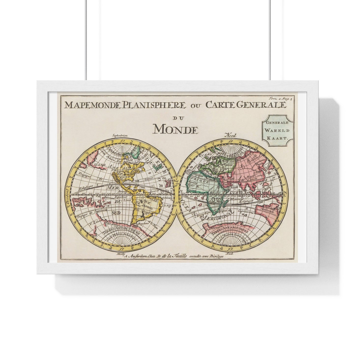 Wereldkaart Mapemonde, Planisphere ou Carte Generale du Monde (1735) by Daniel de Lafeuilledelete, from the Original, Framed Art Print