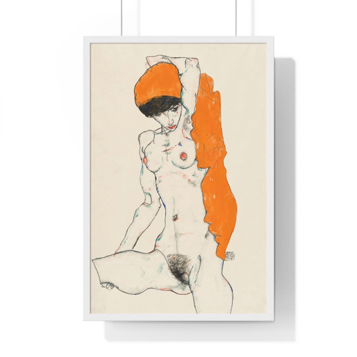 Standing Nude with Orange Drapery (1914) Line Art by Egon Schiele from the Original, Framed Art Print