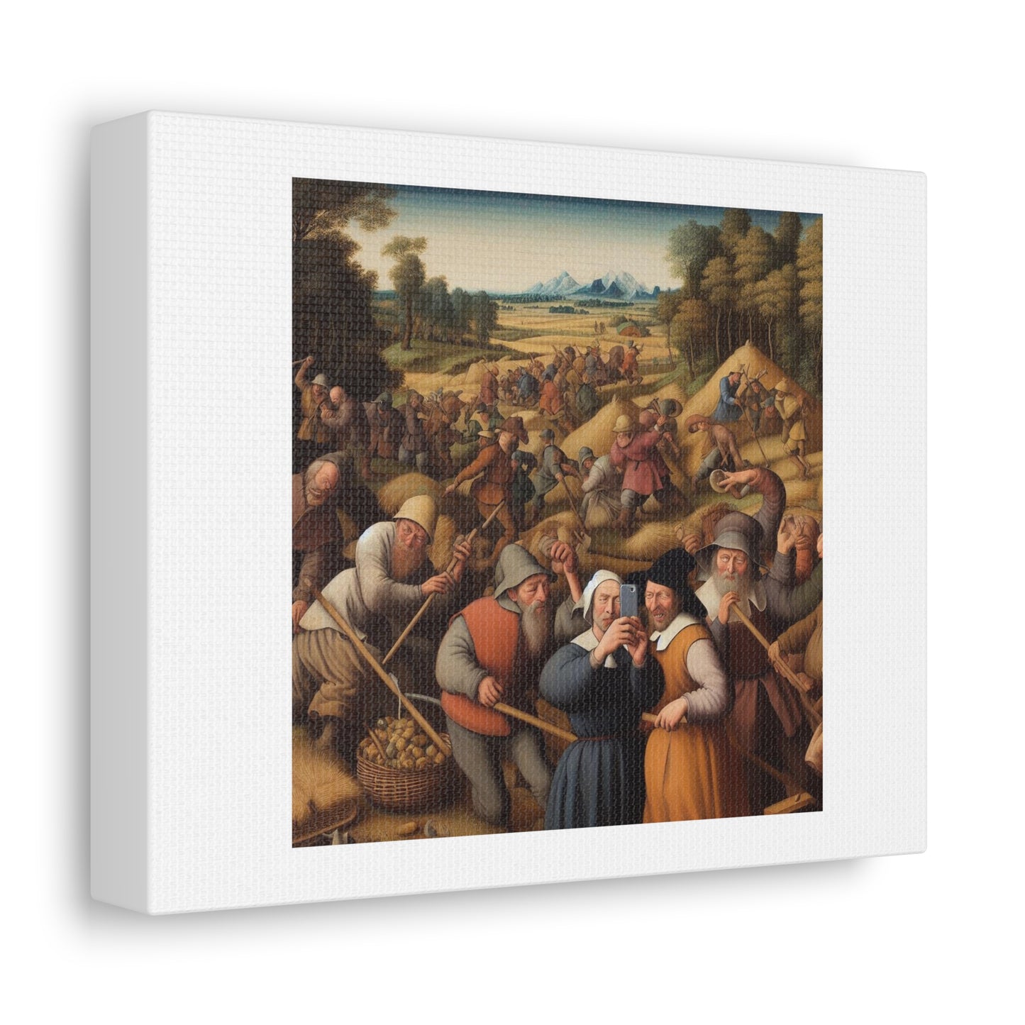 Pieter Bruegel the Elder's The Harvesters Taking Selfies Art Print ' Designed by AI' on Satin Canvas