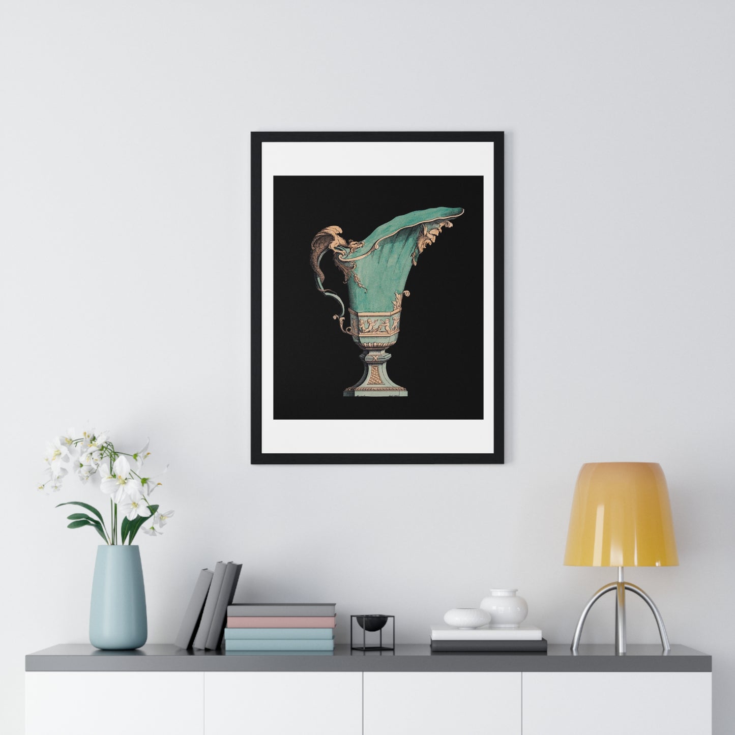 Lithograph of an Antique Green Vase (1866) a Beautiful Vase with Fantastical Decoration, from the Original, Framed Print