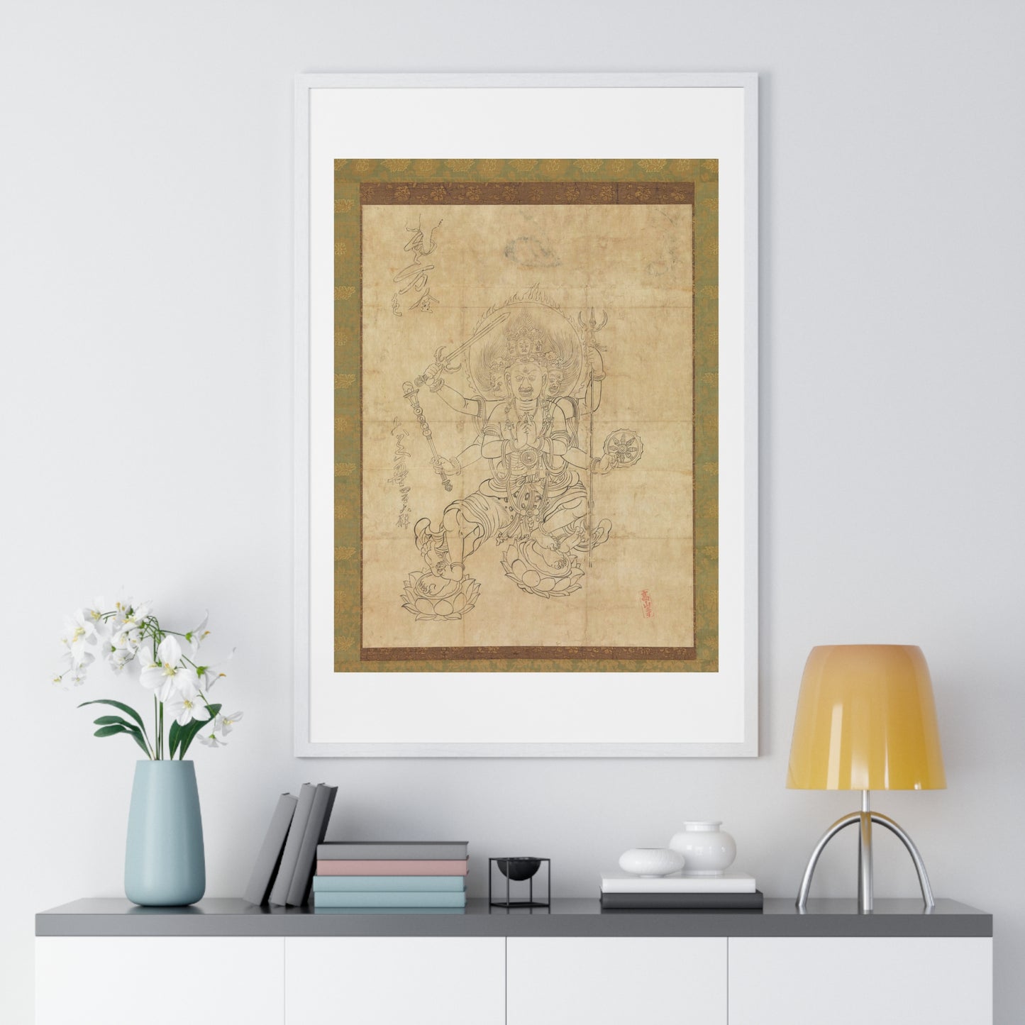 Antique Japanese Drawing of the Wisdom King Daiitoku (Daiitoku Myōō) from the Original, Framed Art Print