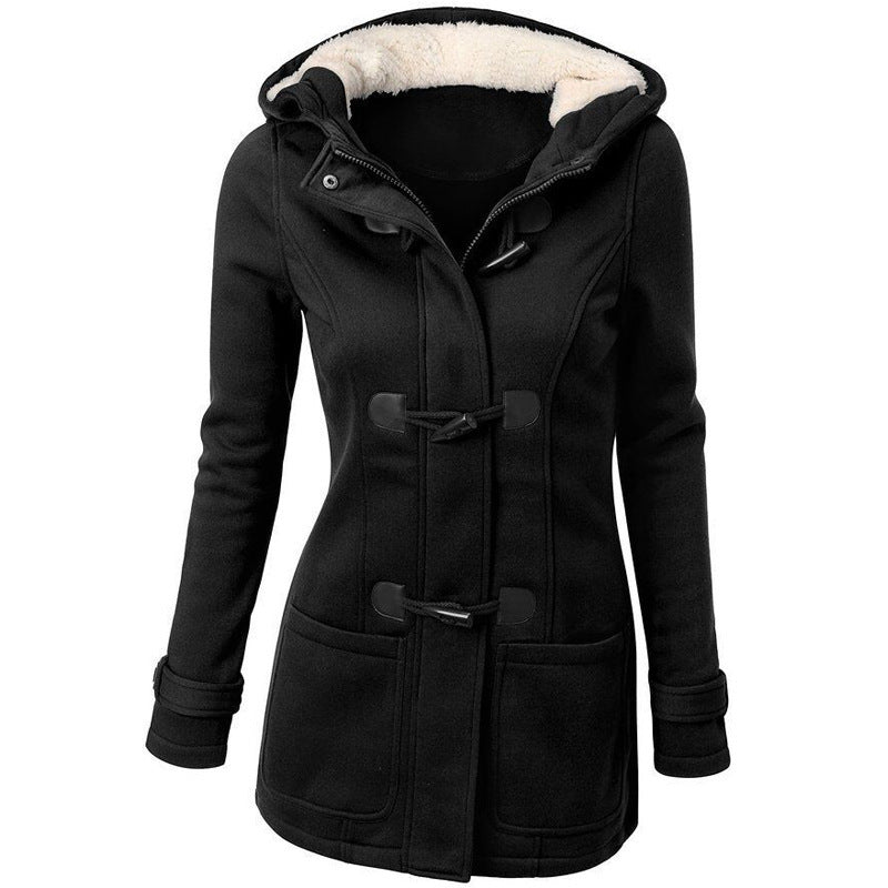 Women's Thick Hooded Duffle Coat with Toggle Buttons, Plus Sizes