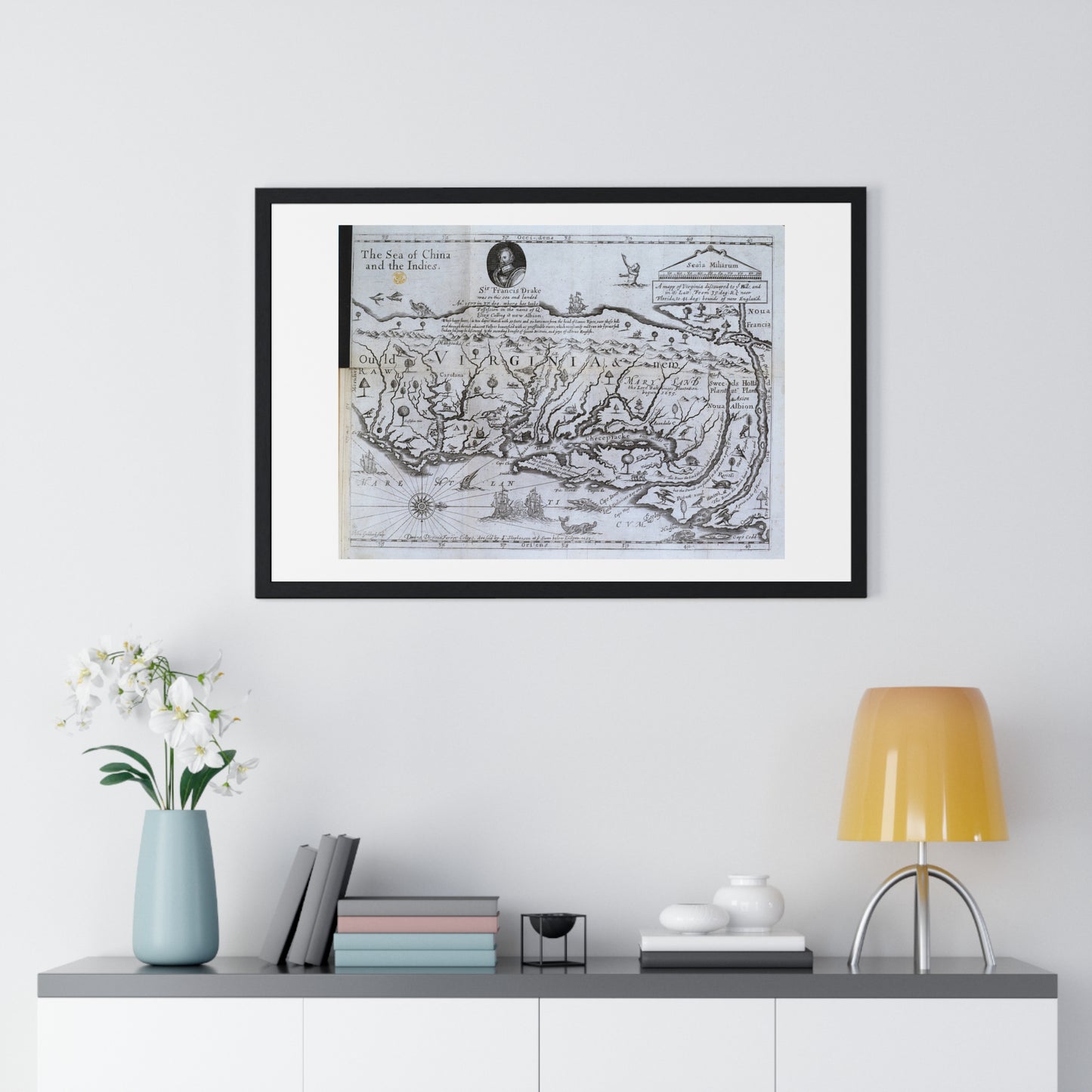 Antique Map of Virginia 'The Discovery of New Brittaine' (1651) from the Original Drake Manuscript, Framed Print