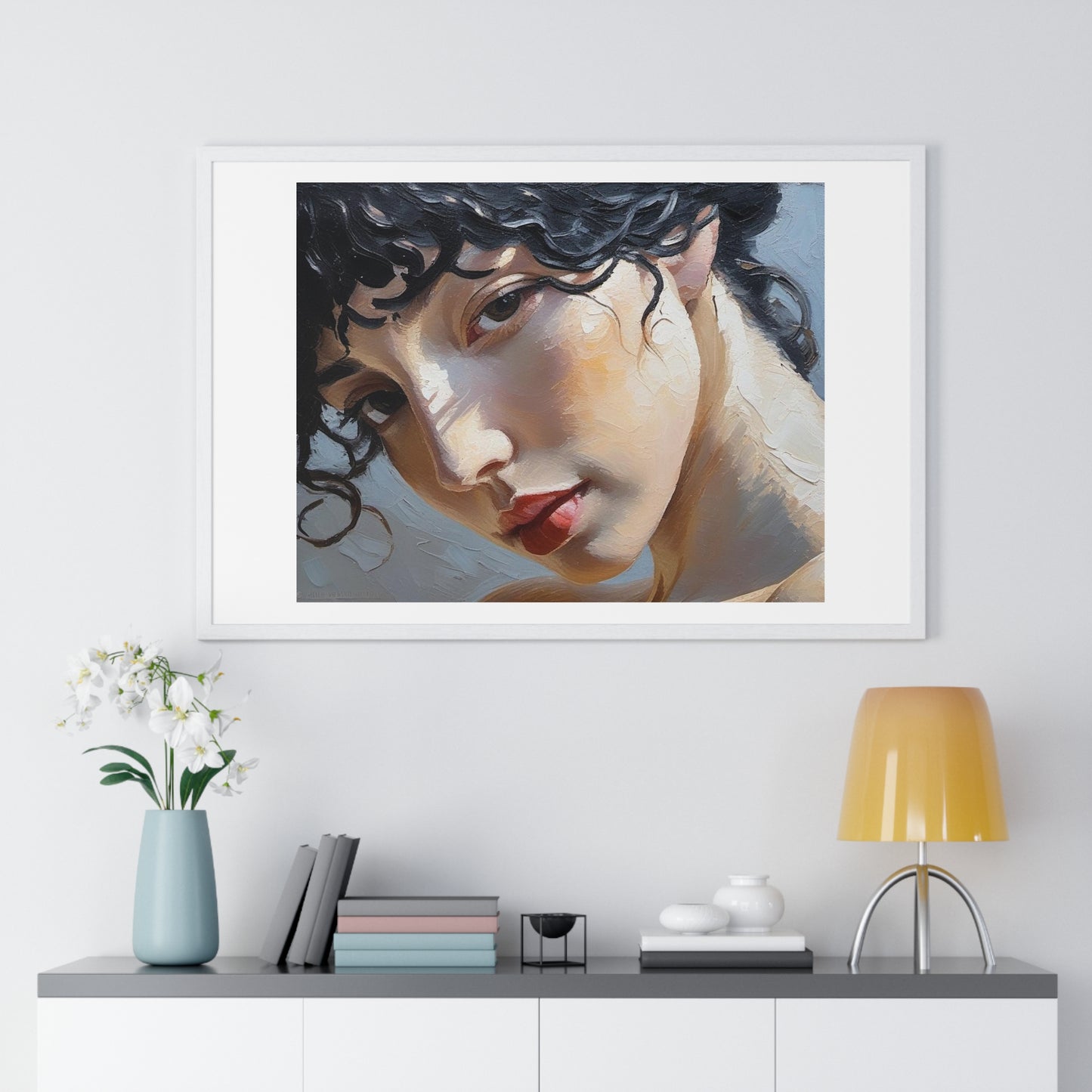 Female Portrait, Vibrant Multi-Coloured Palette Knife Painting 'Designed by AI' Framed Art Print