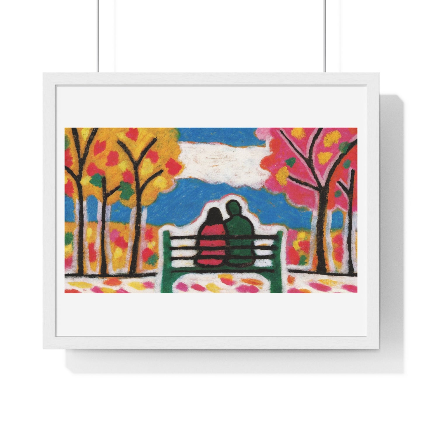 Couple on a Park Bench Fuzzy Felt Art 'Designed by AI' Framed Print