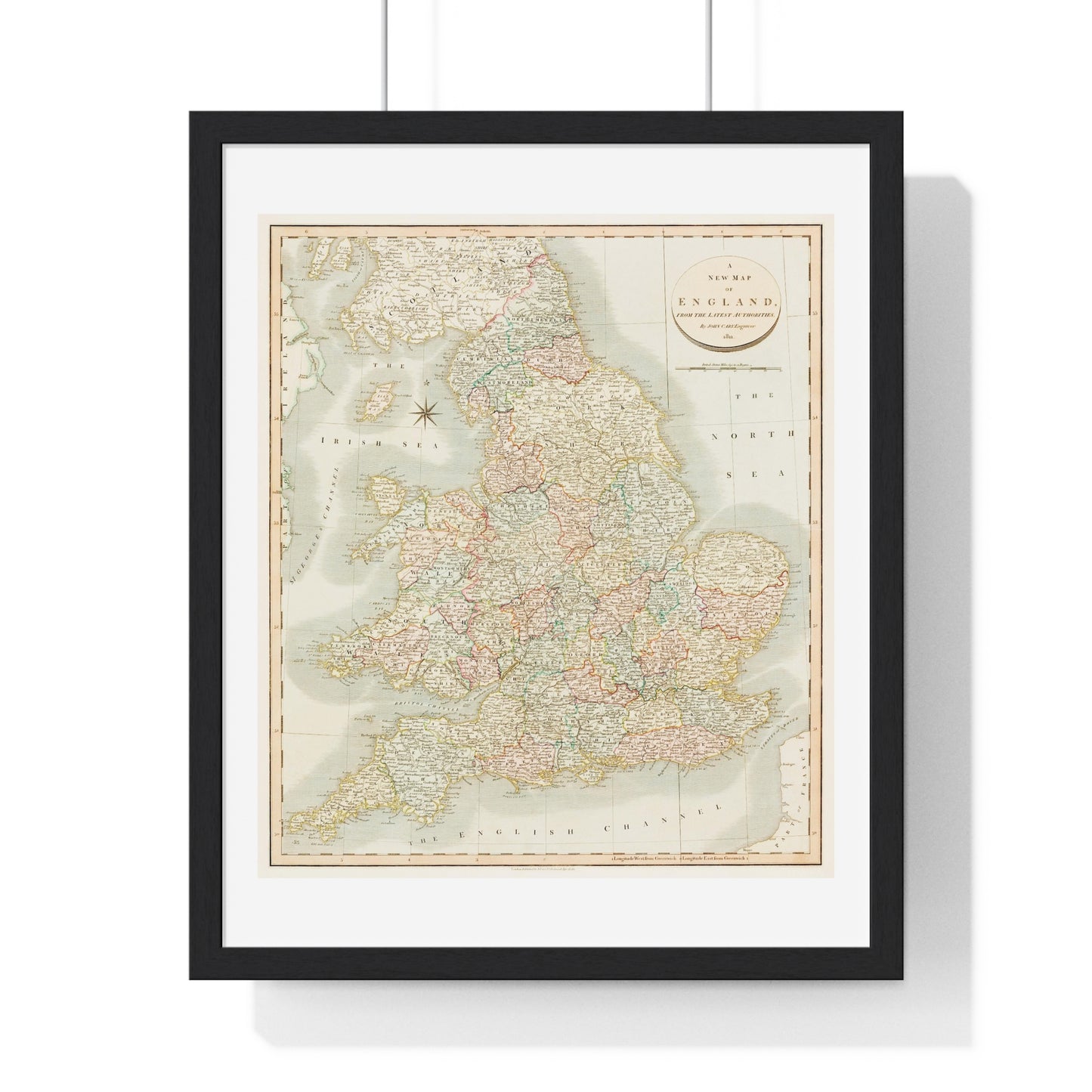 Antique Map: A New Map of England (1811) by John Cary from the Original, Framed Art Print