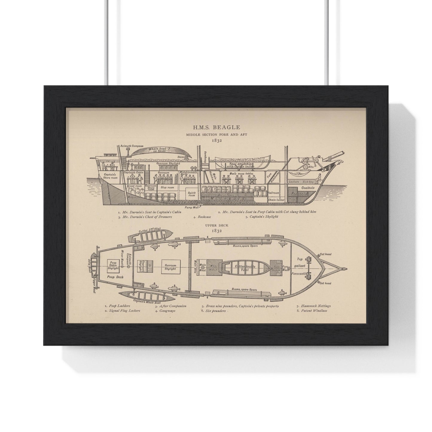 HMS Beagle Antique Print (1832) Middle Section Fore and Aft from the Original, Framed Art Print