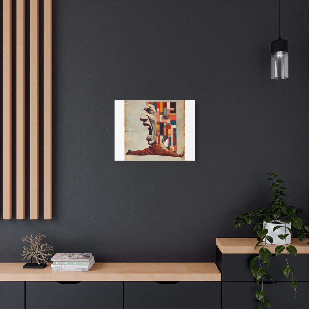 Stretched Canvas Wall Art: Surreal Geometric Face and Acrobat Collage