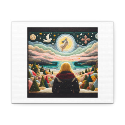 Art Print 'Felt Patchwork Scene of Blonde Woman Looking Out Over The Ocean' Designed by AI on Satin Canvas