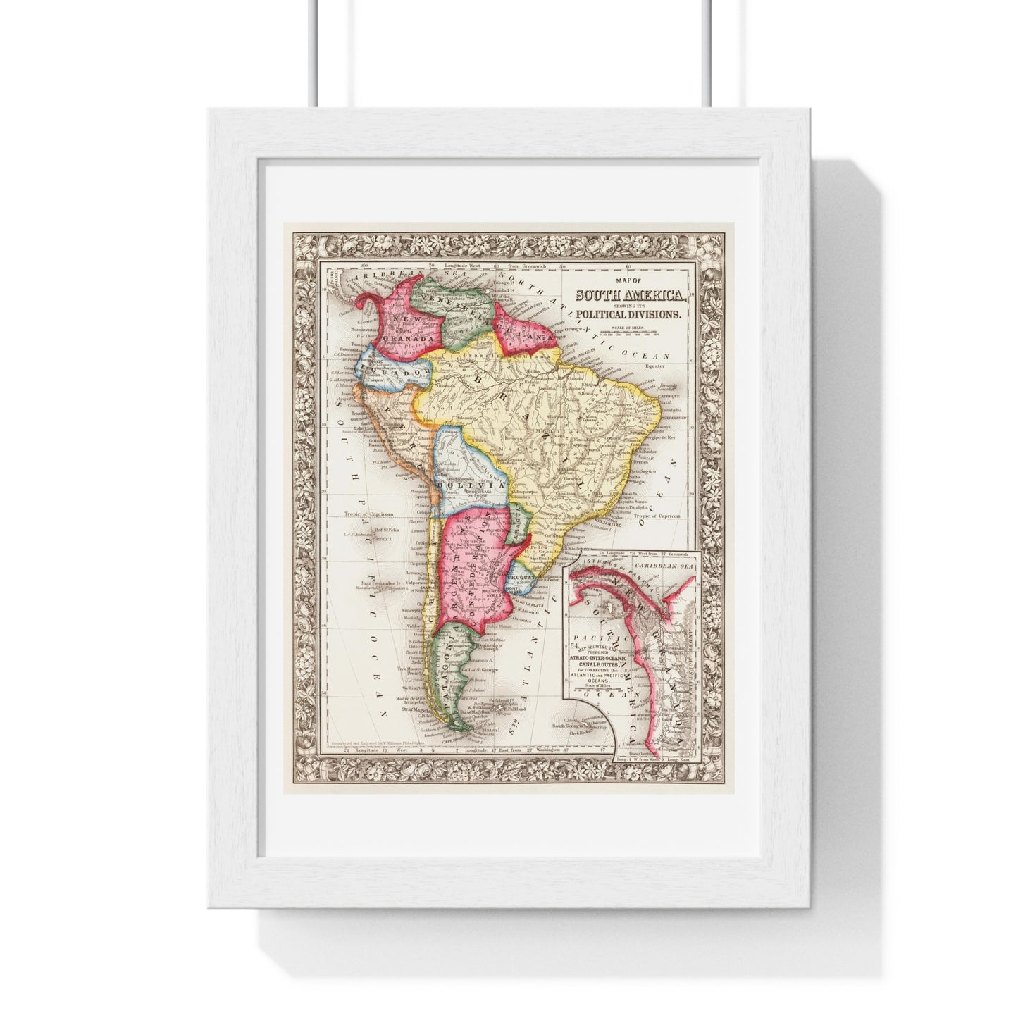 Antique Map of South America, Showing its Political Divisions (1863) by Samuel Augustus Mitchell, from the Original, Framed Art Print