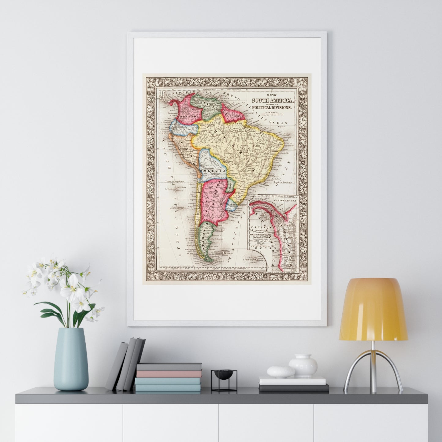 Antique Map of South America, Showing its Political Divisions (1863) by Samuel Augustus Mitchell, from the Original, Framed Art Print