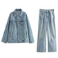 Retro Collar Women's Denim Jacket Coat Set With Pants