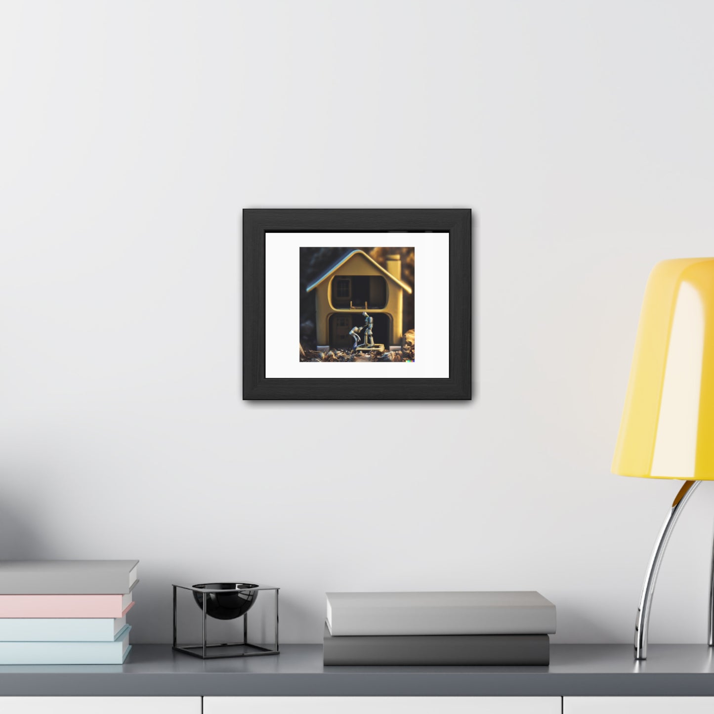 Macro 35mm Photograph Of Human And Robot Building A House 'Designed by AI' Wooden Framed Print