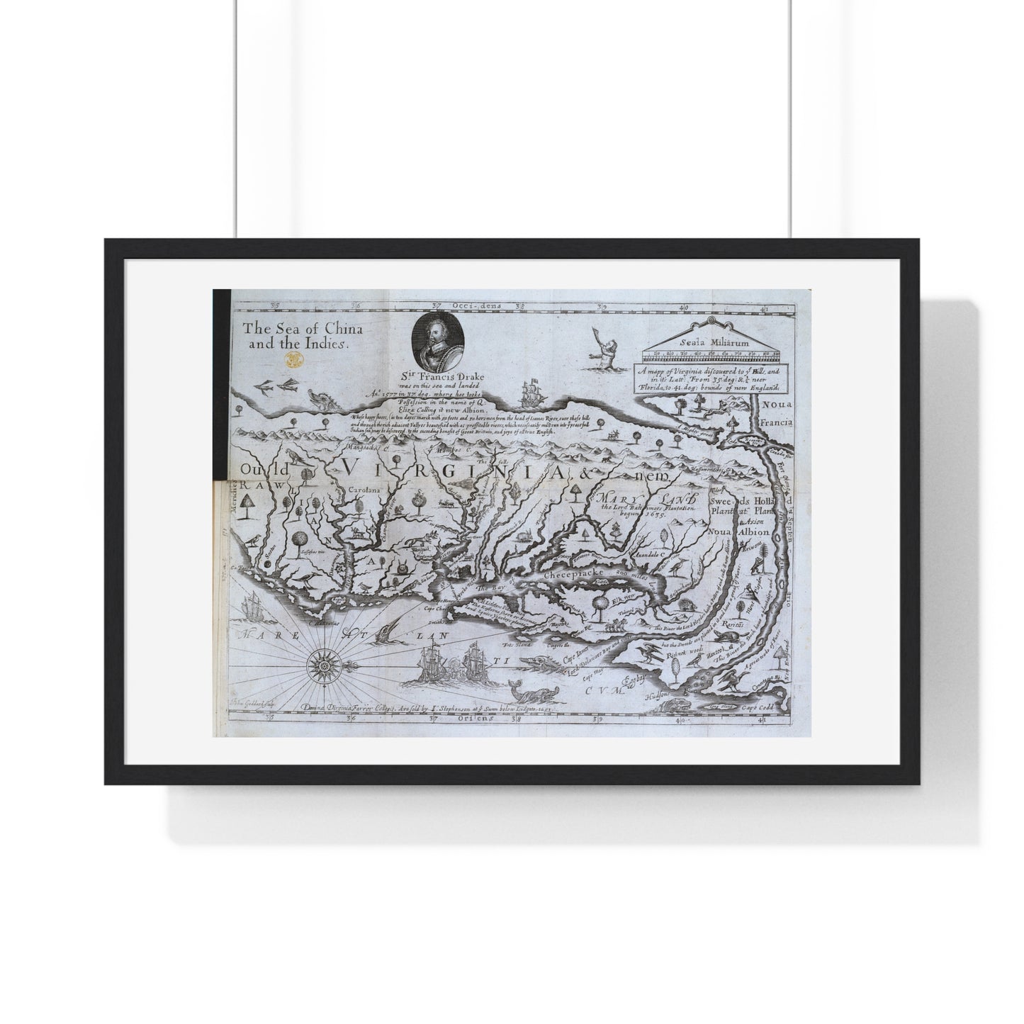 Antique Map of Virginia 'The Discovery of New Brittaine' (1651) from the Original Drake Manuscript, Framed Print