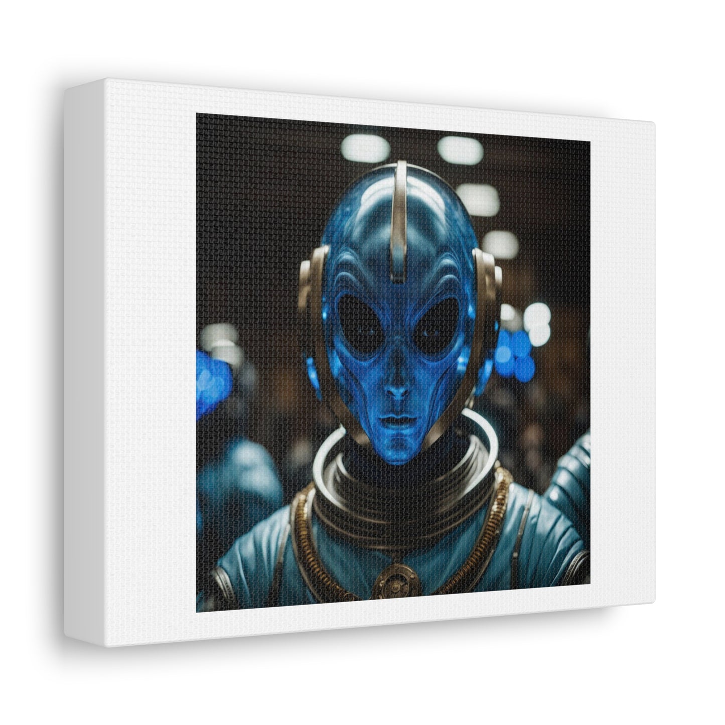 Blue Extra-Terrestrial Questions Everything About Earth 'Designed by AI' Art Print on Satin Canvas