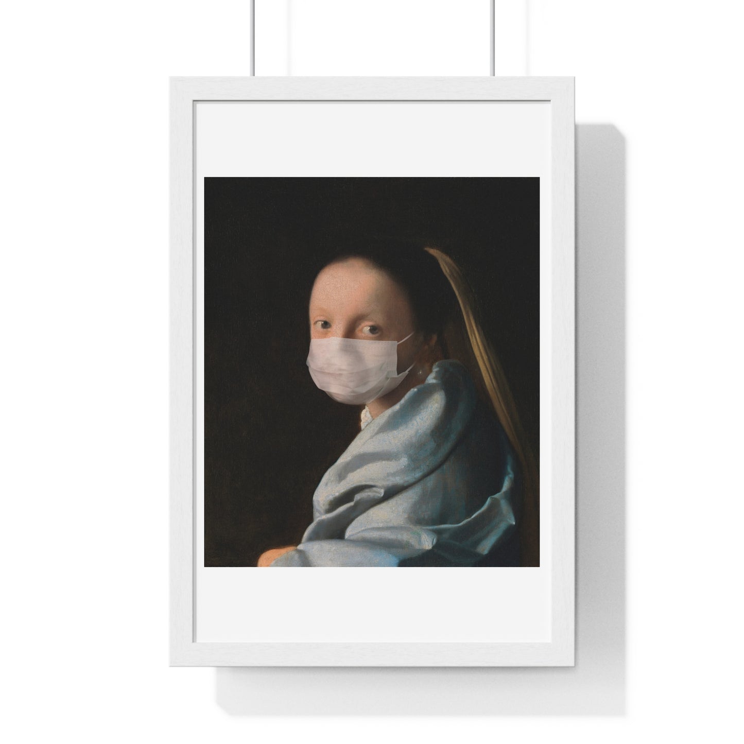 Johannes Vermeer's Young Woman Wearing a Face Mask During Coronavirus Pandemic, Remix, Framed Art Print