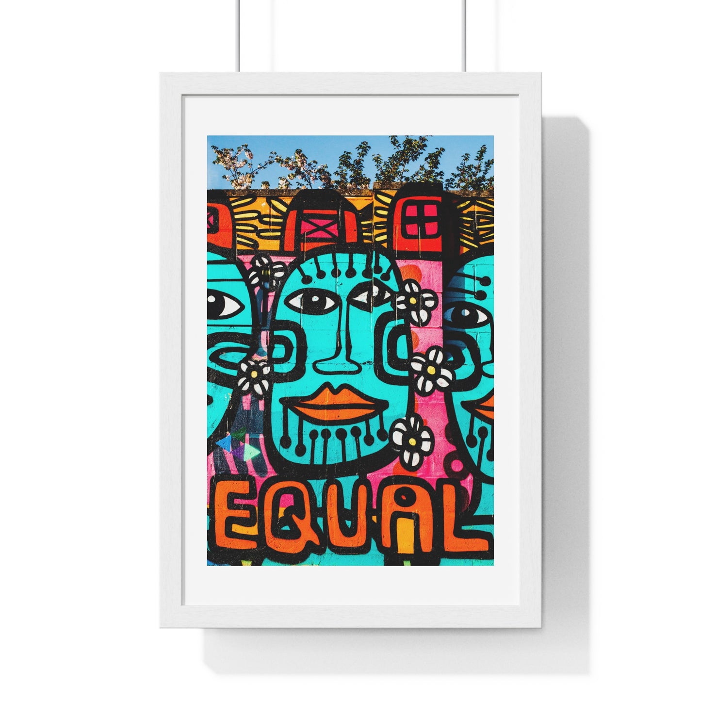 Brightly Coloured Urban Graffiti Mural Artwork, Tribal Faces (2017) Location Unknown, Framed Art Print