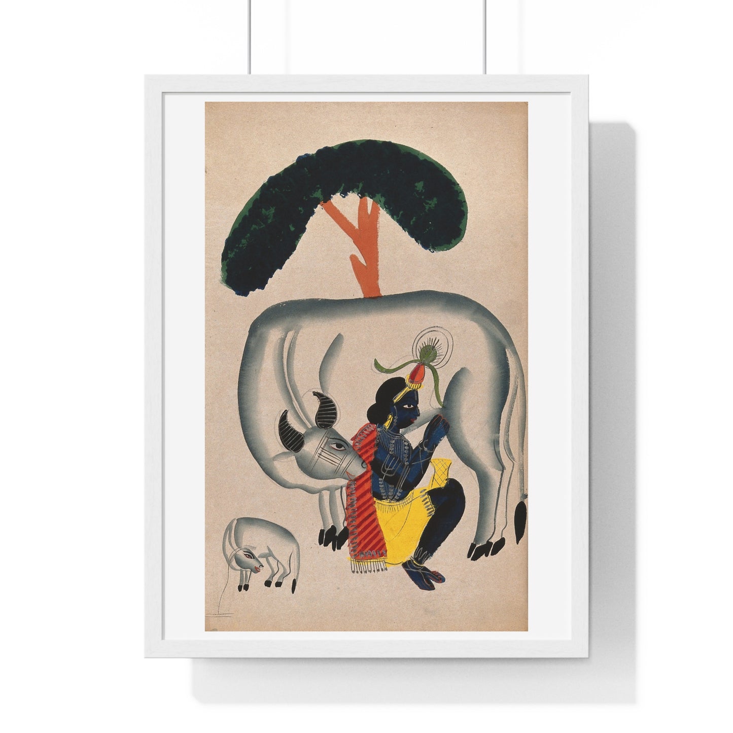 Krishna Milking a Cow While the Calf Looks, Watercolour Drawing, from the Original, Framed Art Print