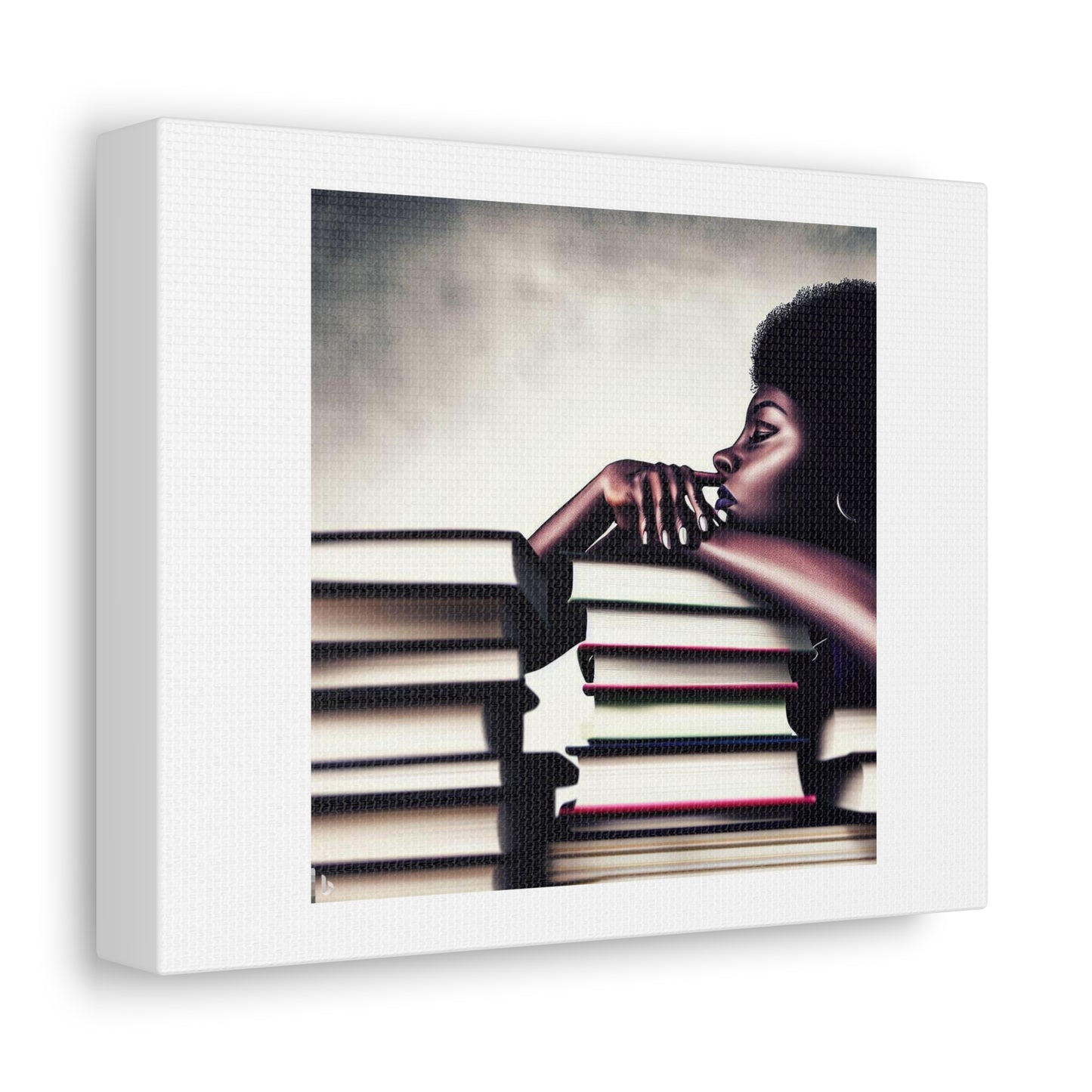 Black Woman Thinking, Leaning On a Pile of Books Photorealism 'Designed by AI' Art Print on Canvas