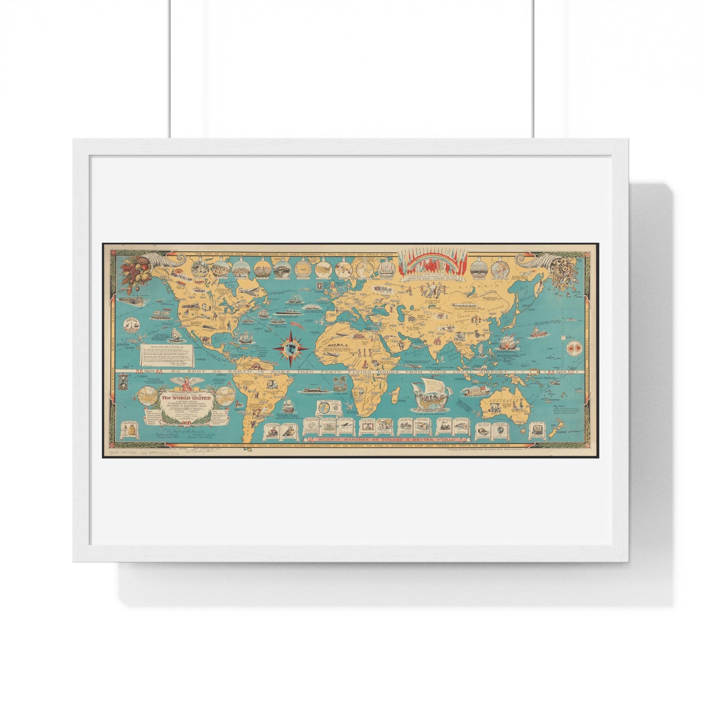 Mercator Map of the World United: A Pictorial History of Transport and Communications and Paths to Permanent Peace (1944), from the Original, Framed Art Print