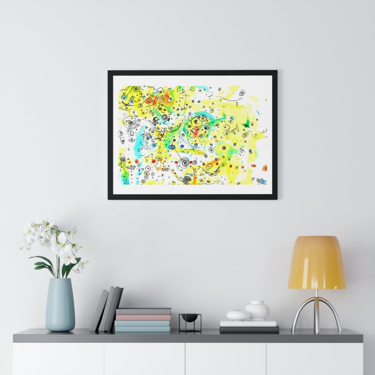 Yellow Scatter Pattern, Abstract Large Wall Art, Framed Print