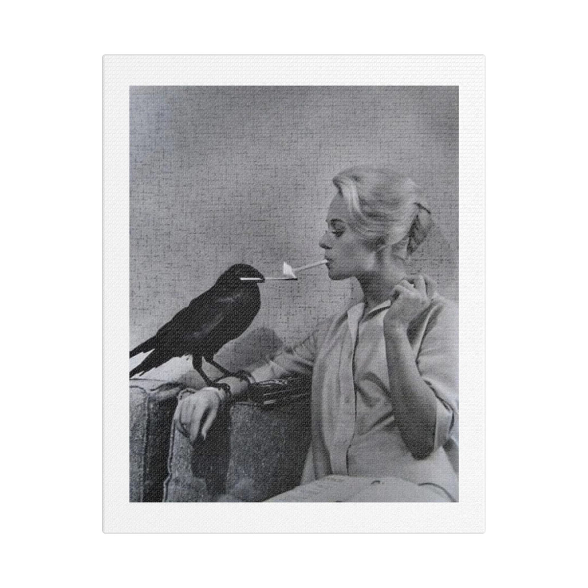 The Woman and the Raven, Retro Art Print on Satin Canvas, Stretched