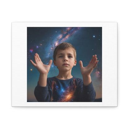 Boy Looking Down at the Universe, Stars and Galaxies in his Hands, Art Print 'Designed by AI' on Canvas