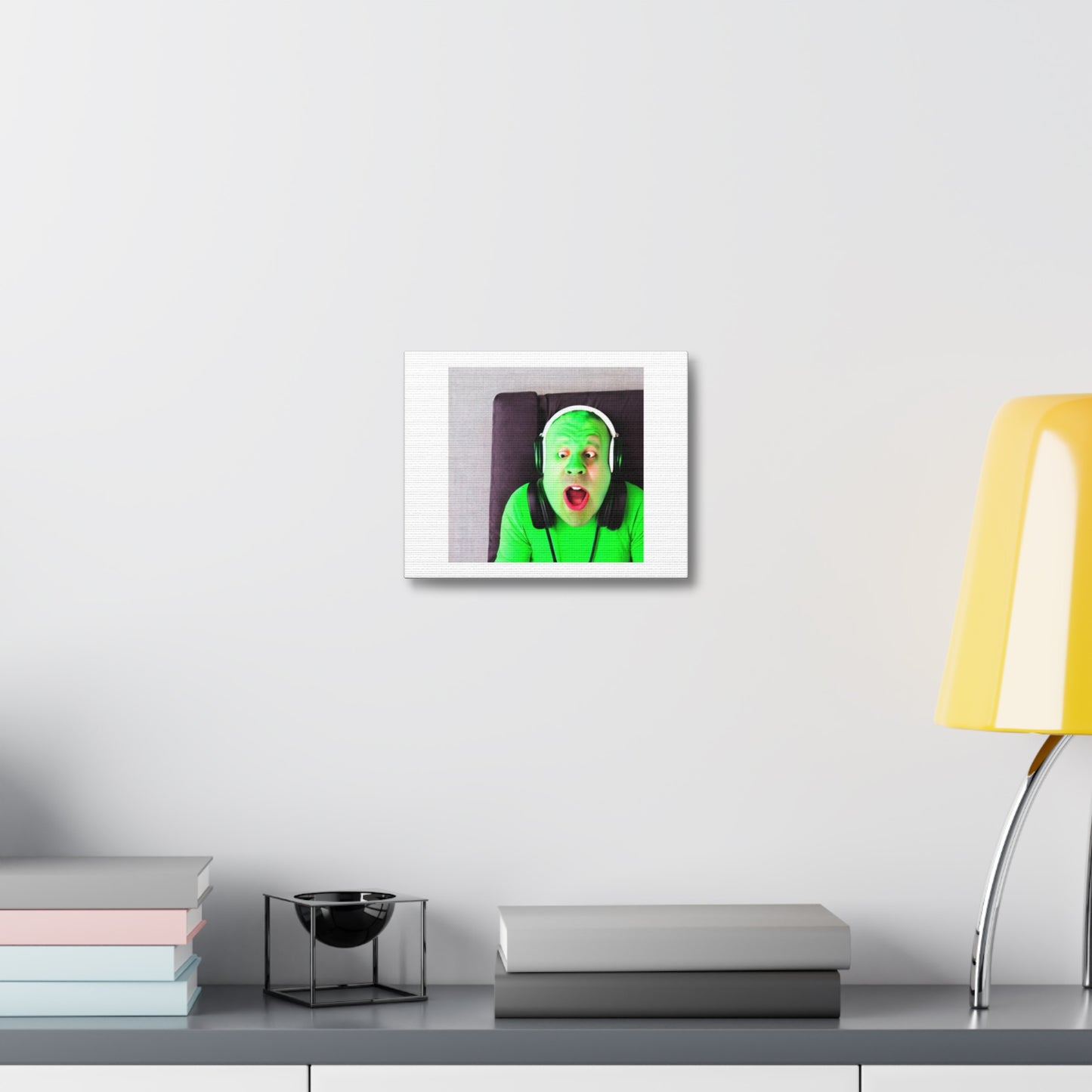 Green Glob of Goo Listening to Music 'Designed by AI' Art Print on Canvas