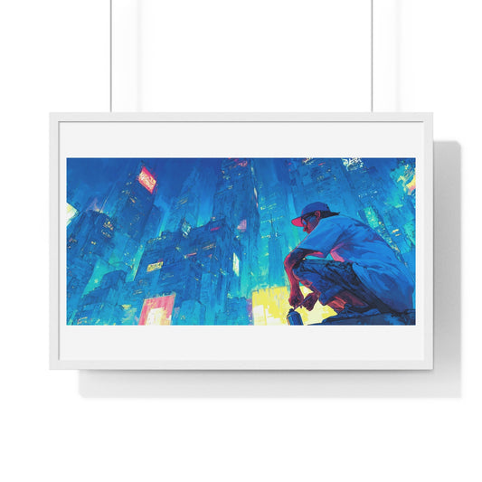 Cosmic Cityscape at Sunset 'Designed by AI', Framed Art Print