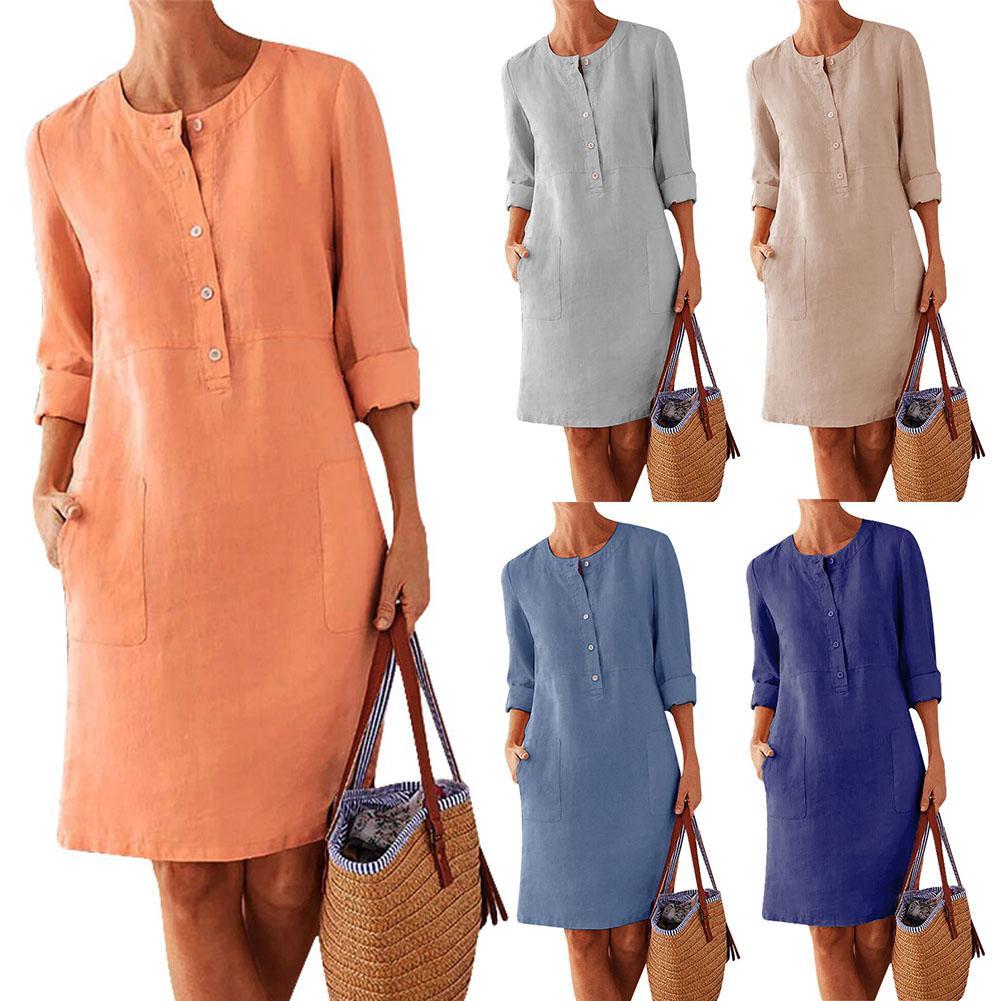 British-Style Round Collar Thick Cotton Dress, Long Sleeves