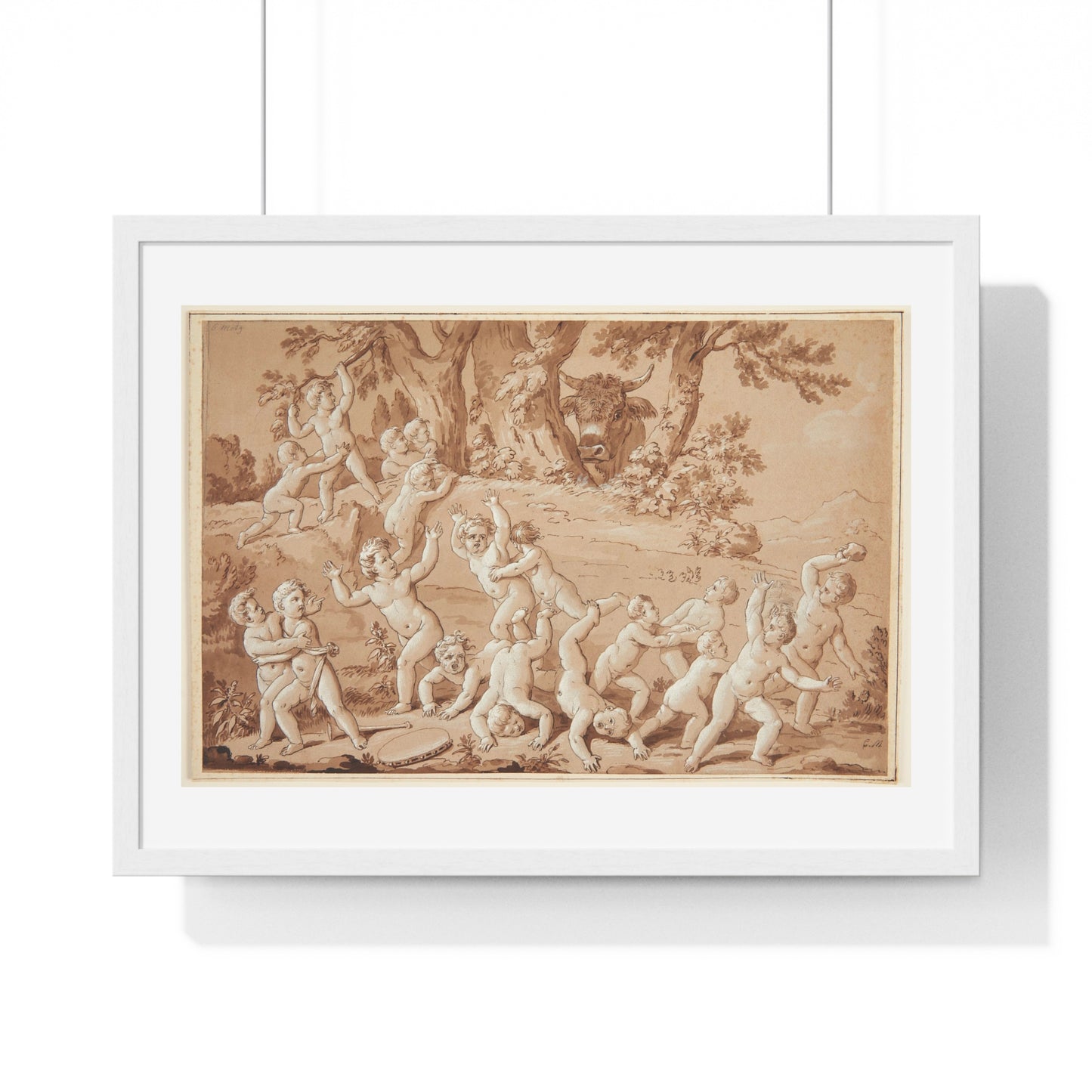 Putti Flees from a Bull, by Conrad Martin Metz, from the Original, Framed Art Print