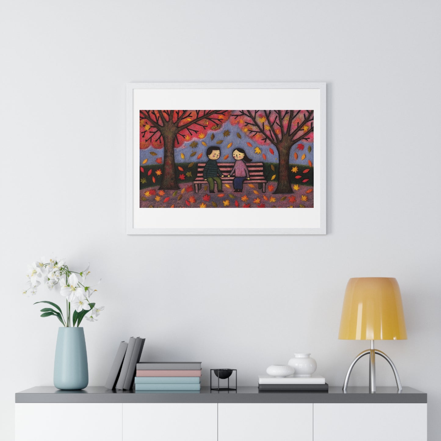 Couple on a Park Bench Fuzzy Felt Art II 'Designed by AI' Framed Print