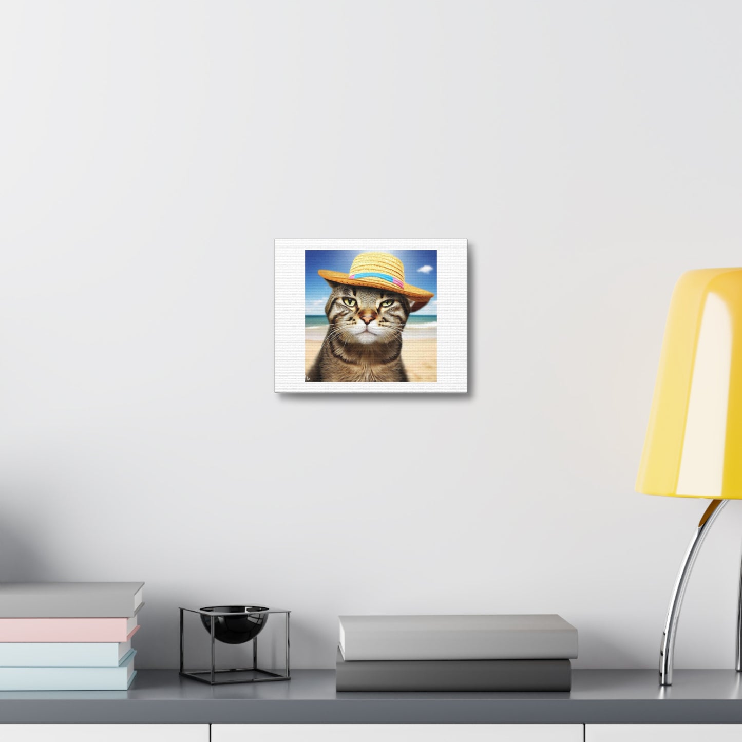 Tabby Cat Getting a Sun Tan, Beach, Funny Hat digital art 'Designed by AI' on Canvas