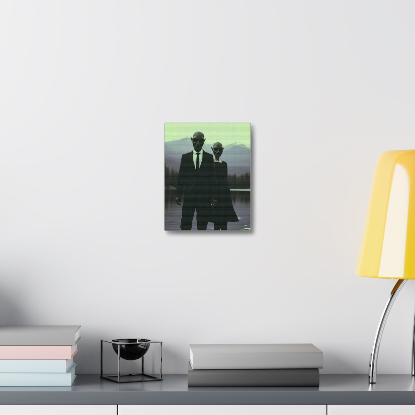 Couple Wearing Alien Mask, Sunglasses Photorealism in Silhouette 'Designed by AI' Art Print on Canvas