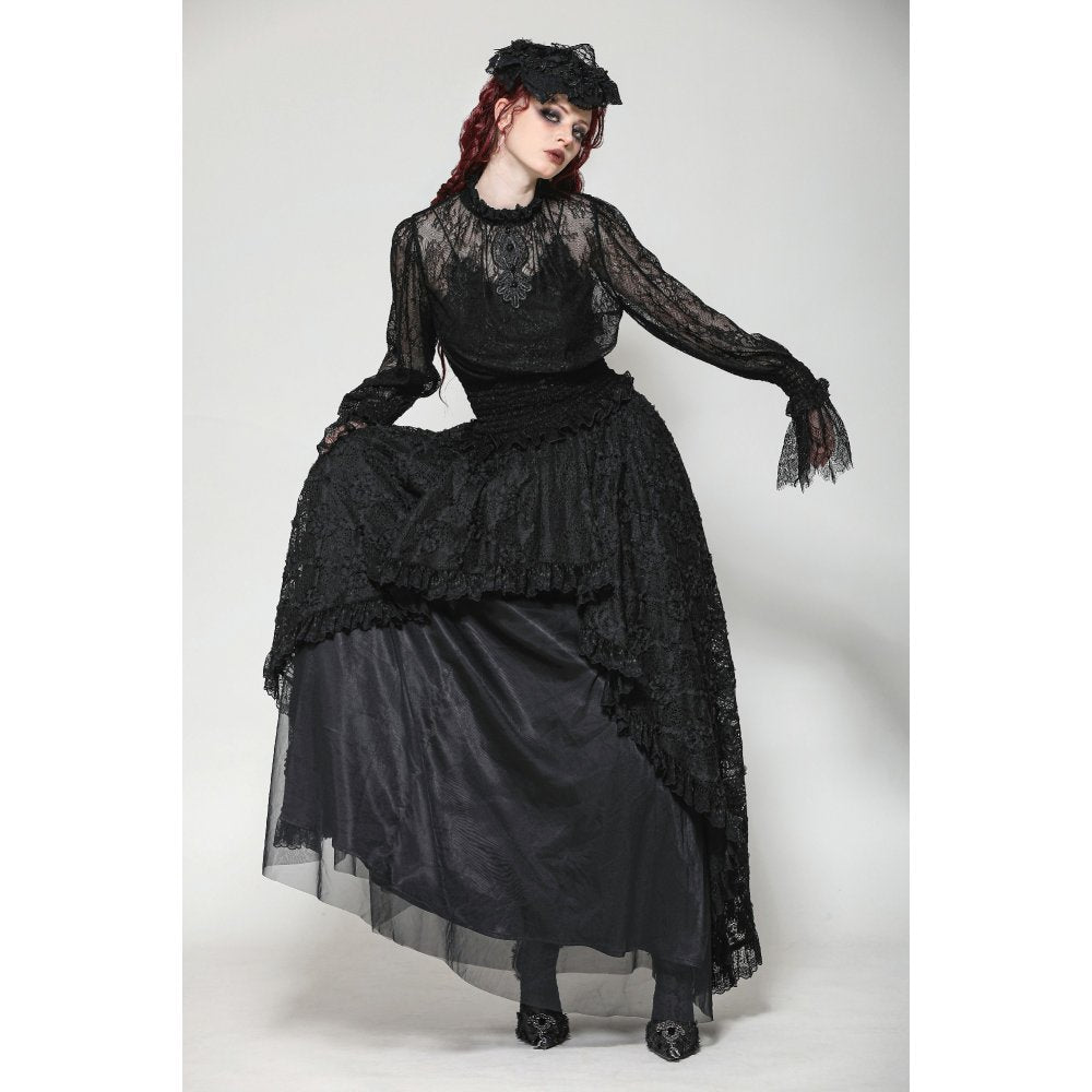 Dark in Love Aoife Black Hollow Lace Elastic Pleated-Waist Eyelash Lace Cuff Top