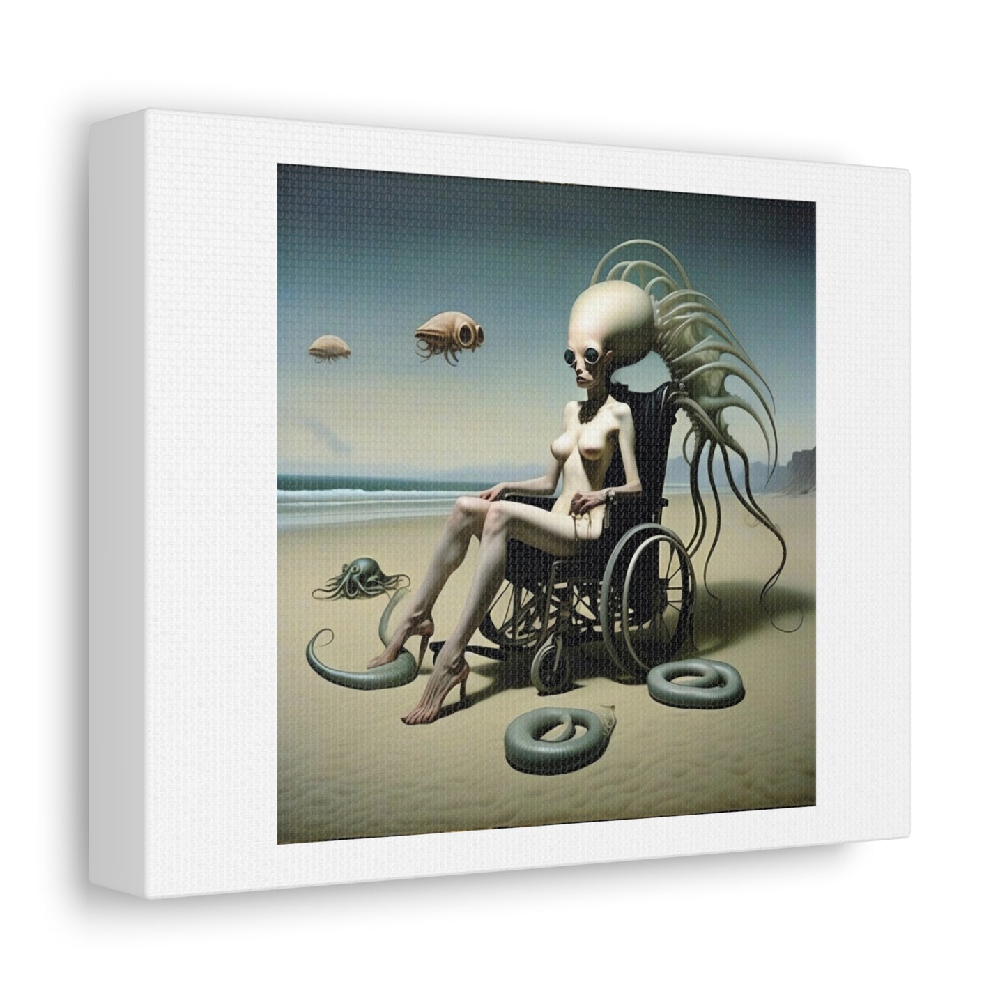 Woman on the Beach with Aliens, Dystopian Art Print II 'Designed by AI' on Canvas