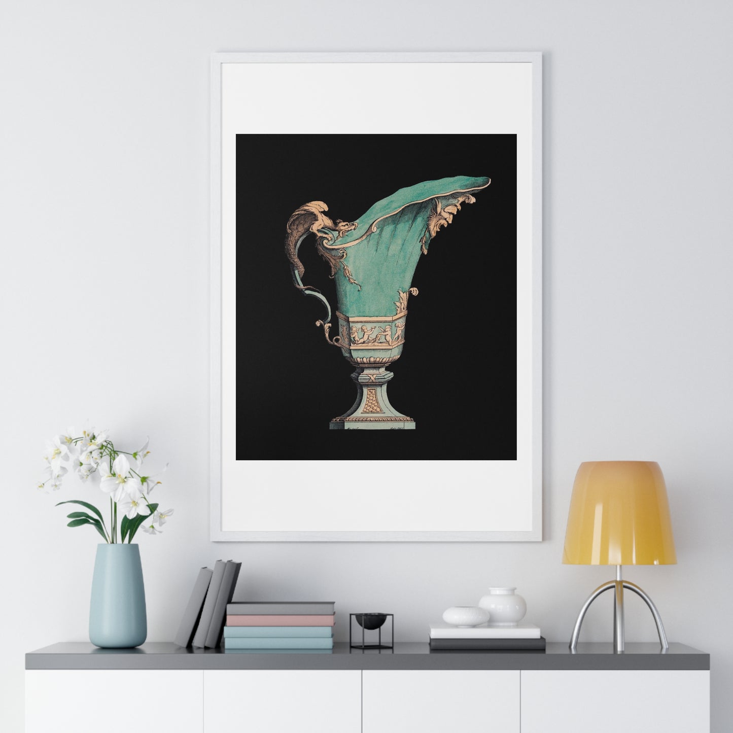 Lithograph of an Antique Green Vase (1866) a Beautiful Vase with Fantastical Decoration, from the Original, Framed Print