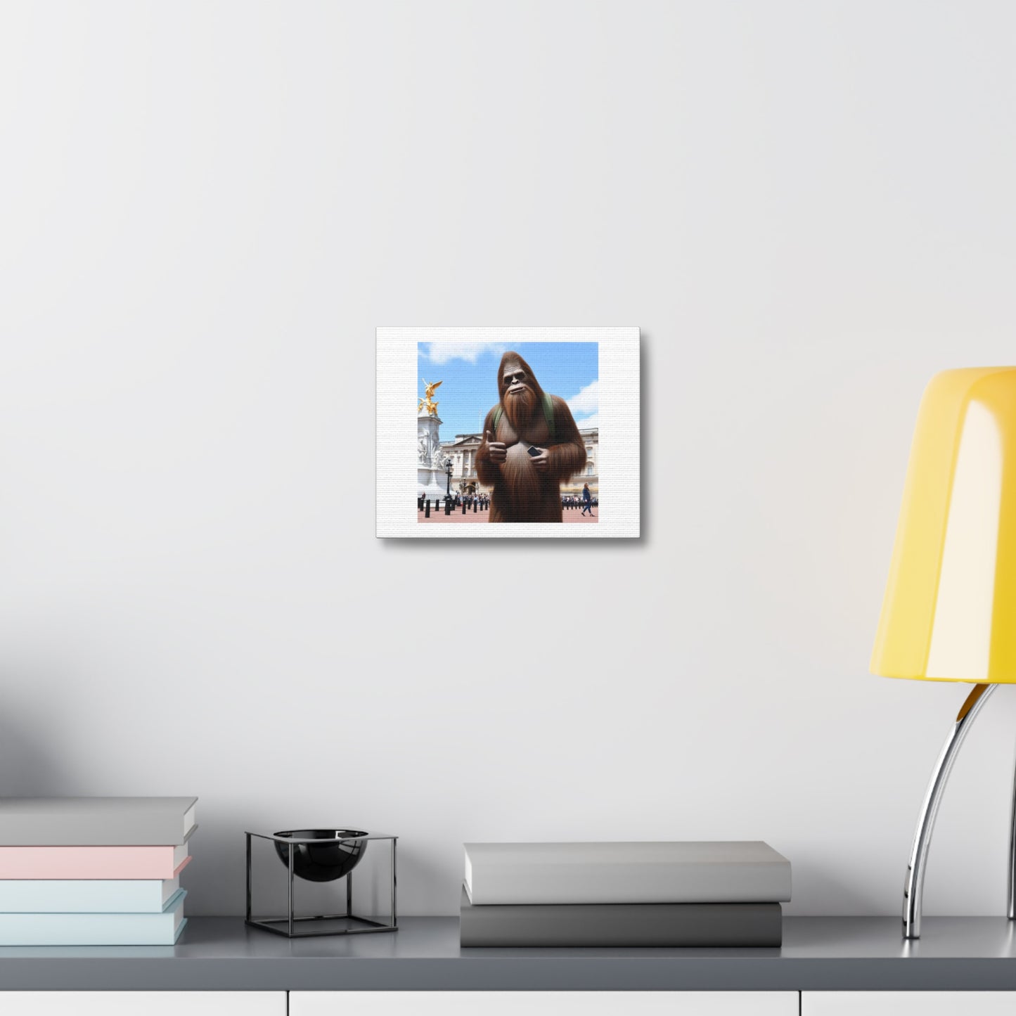 Bigfoot On Tour in London Photorealism Art Print ' Designed by AI' on Satin Canvas